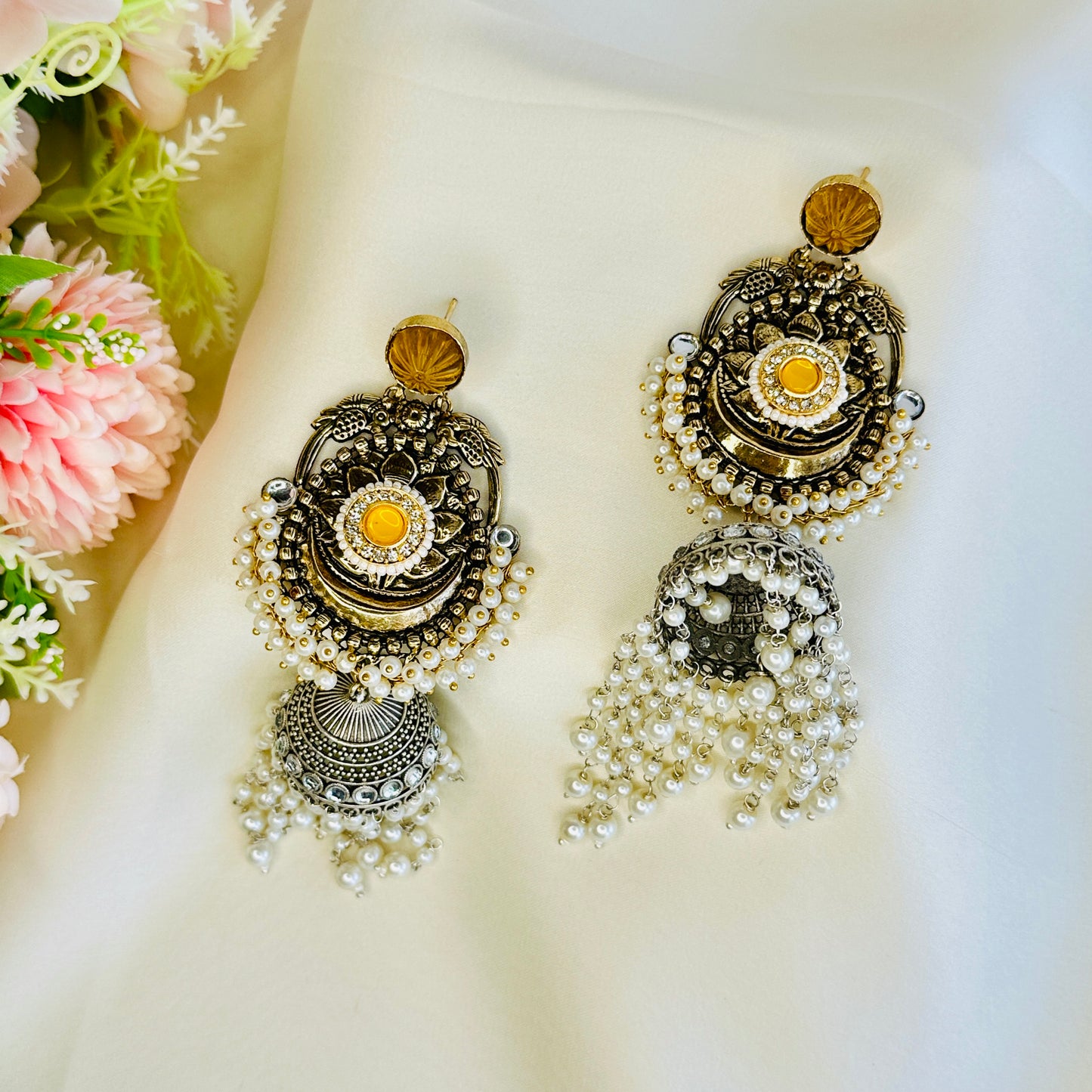 Dualtone Moti Jhumka Earrings