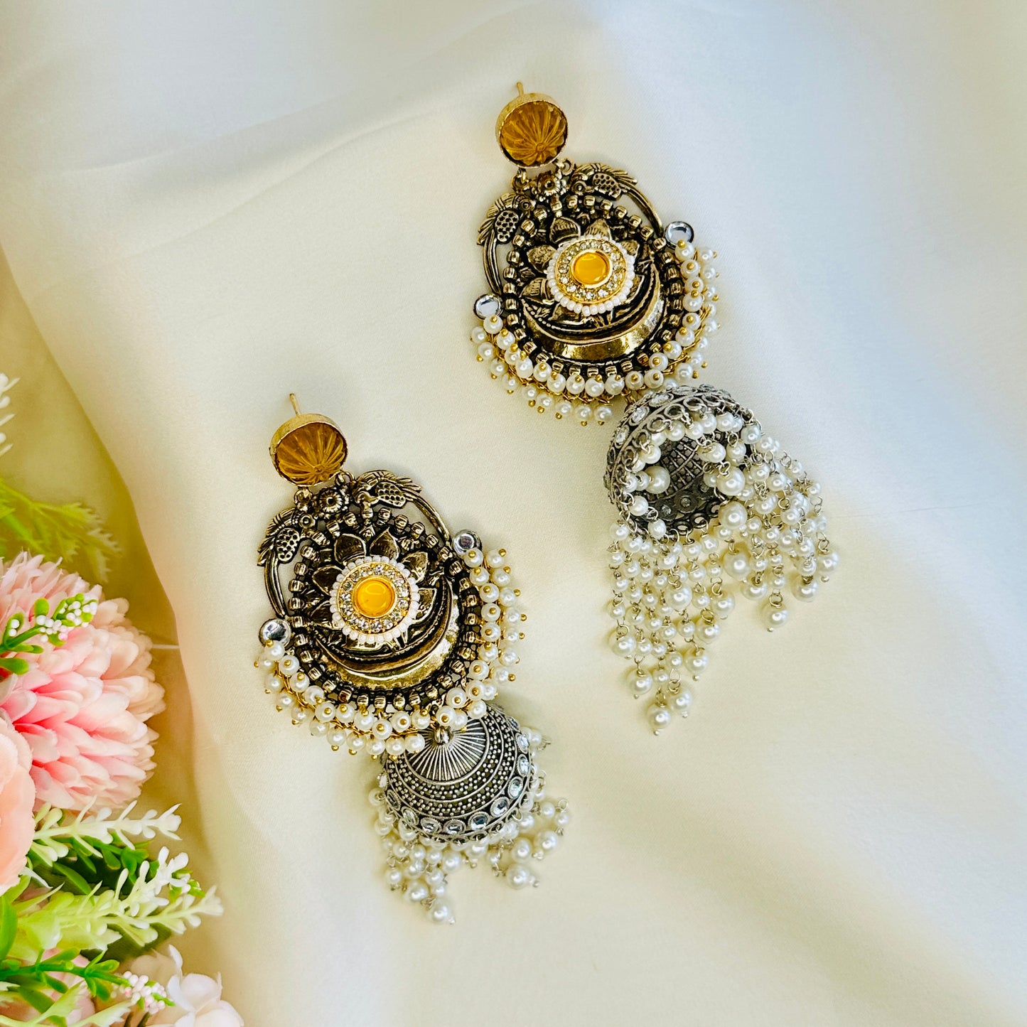 Dualtone Moti Jhumka Earrings