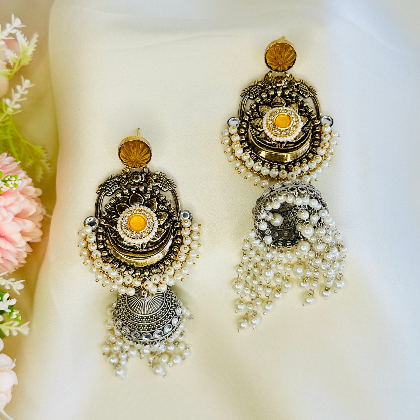 Dualtone Moti Jhumka Earrings