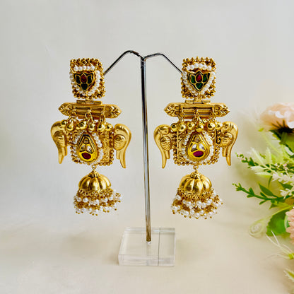 Bird Motif Golden jhumka Earrings