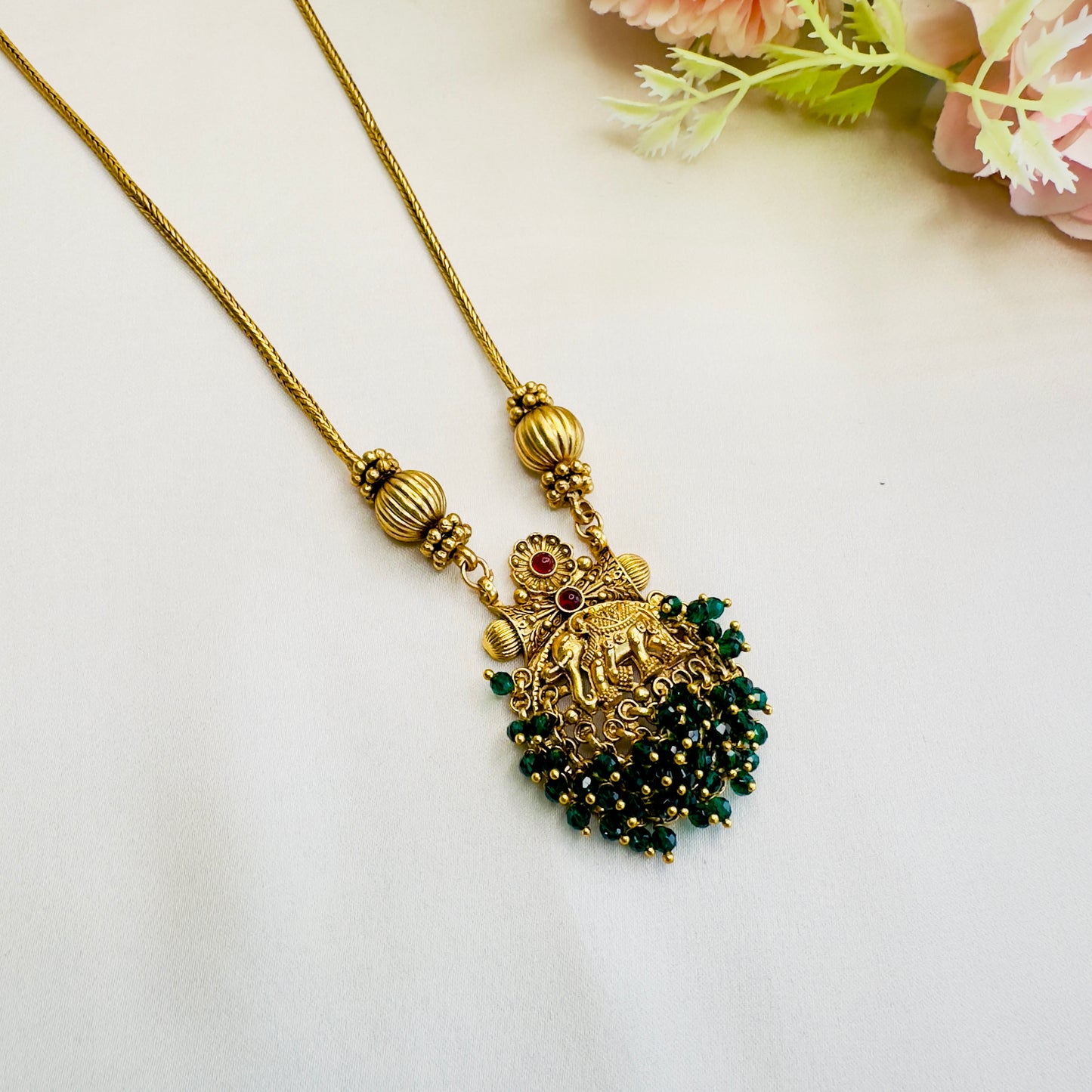 Elephant Motif Green Necklace Set