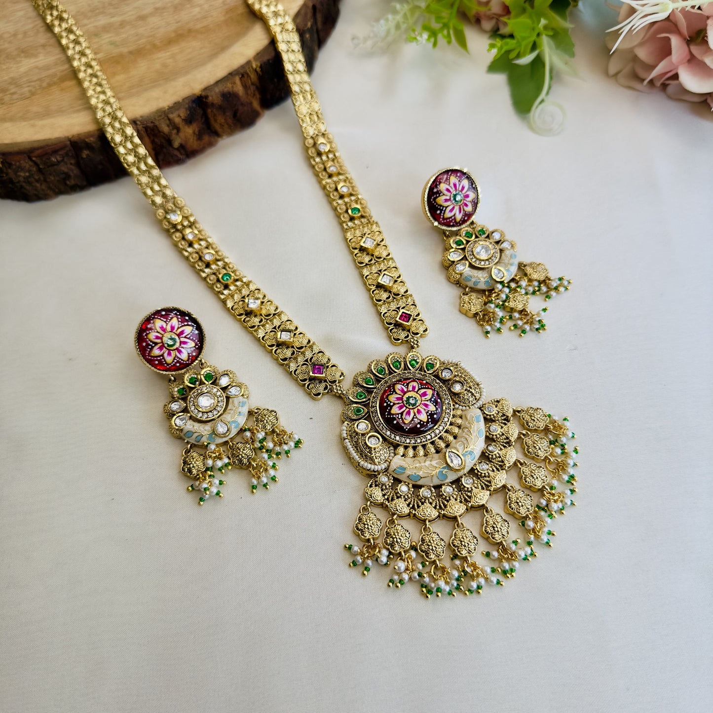 Long Rajwadi Hand painted Multicolor Necklace Set