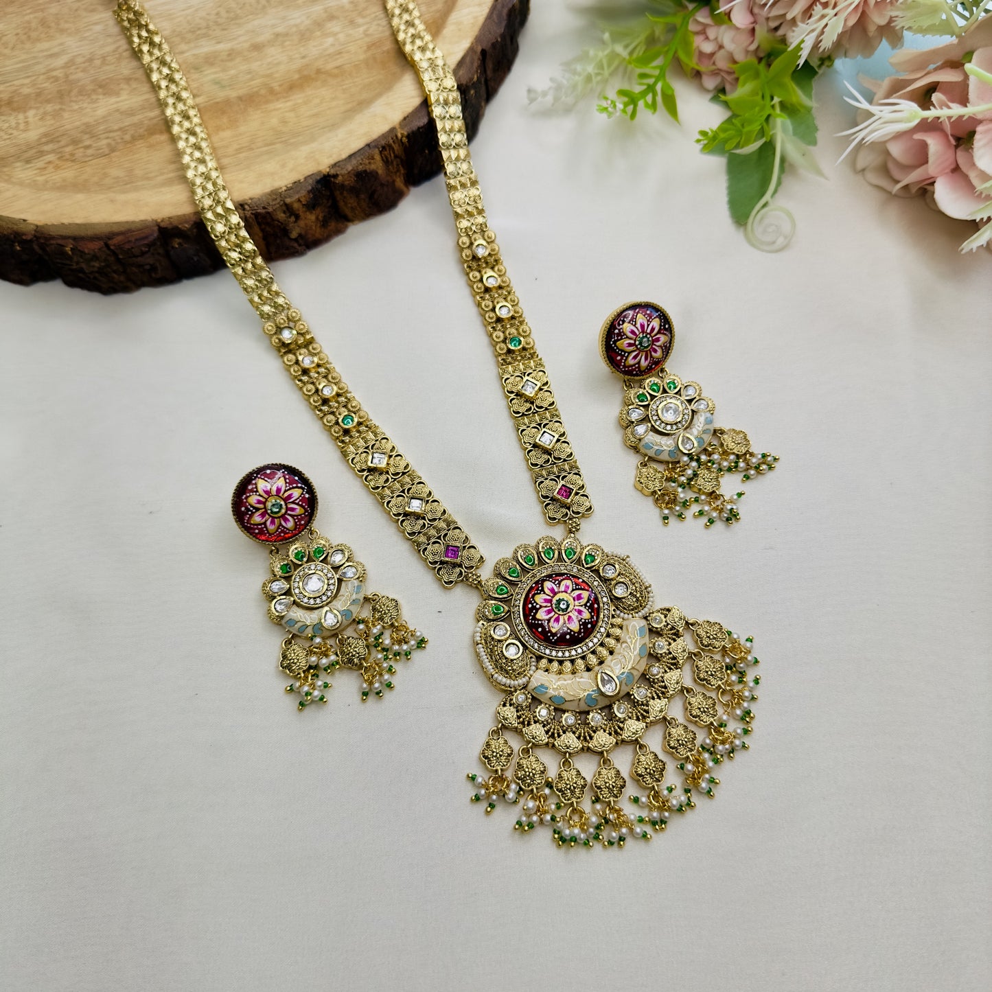 Long Rajwadi Hand painted Multicolor Necklace Set