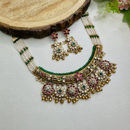 Seven Pendant Flower Design Rajwadi Necklace Set