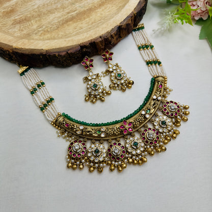 Seven Pendant Flower Design Rajwadi Necklace Set