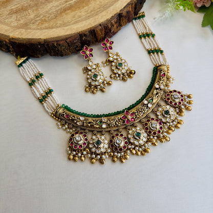 Seven Pendant Flower Design Rajwadi Necklace Set