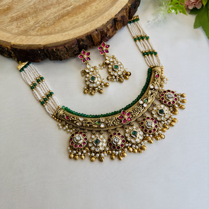 Seven Pendant Flower Design Rajwadi Necklace Set