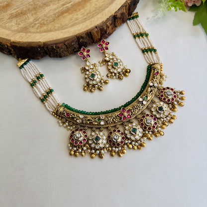 Seven Pendant Flower Design Rajwadi Necklace Set