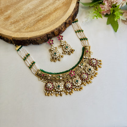 Seven Pendant Flower Design Rajwadi Necklace Set