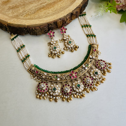 Seven Pendant Flower Design Rajwadi Necklace Set