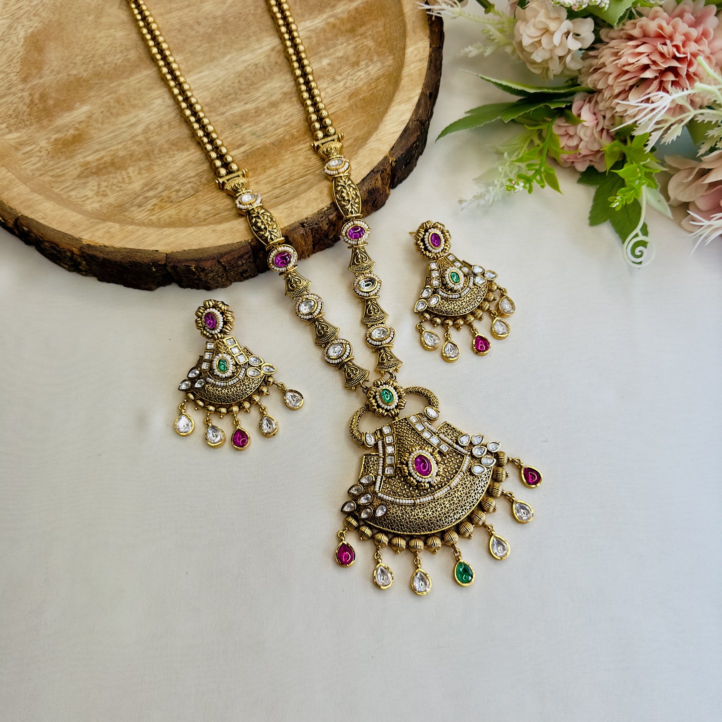 Multicolor Long Rajwadi Necklace Set