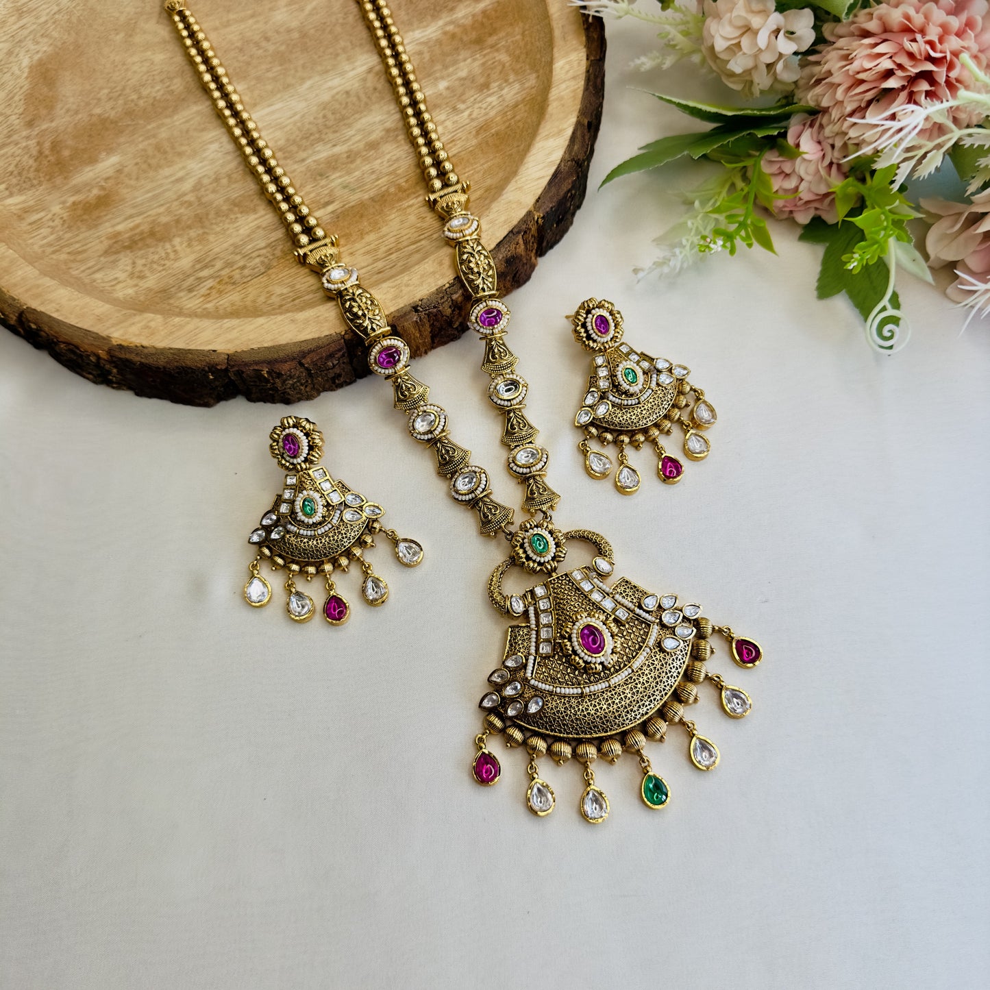 Multicolor Long Rajwadi Necklace Set