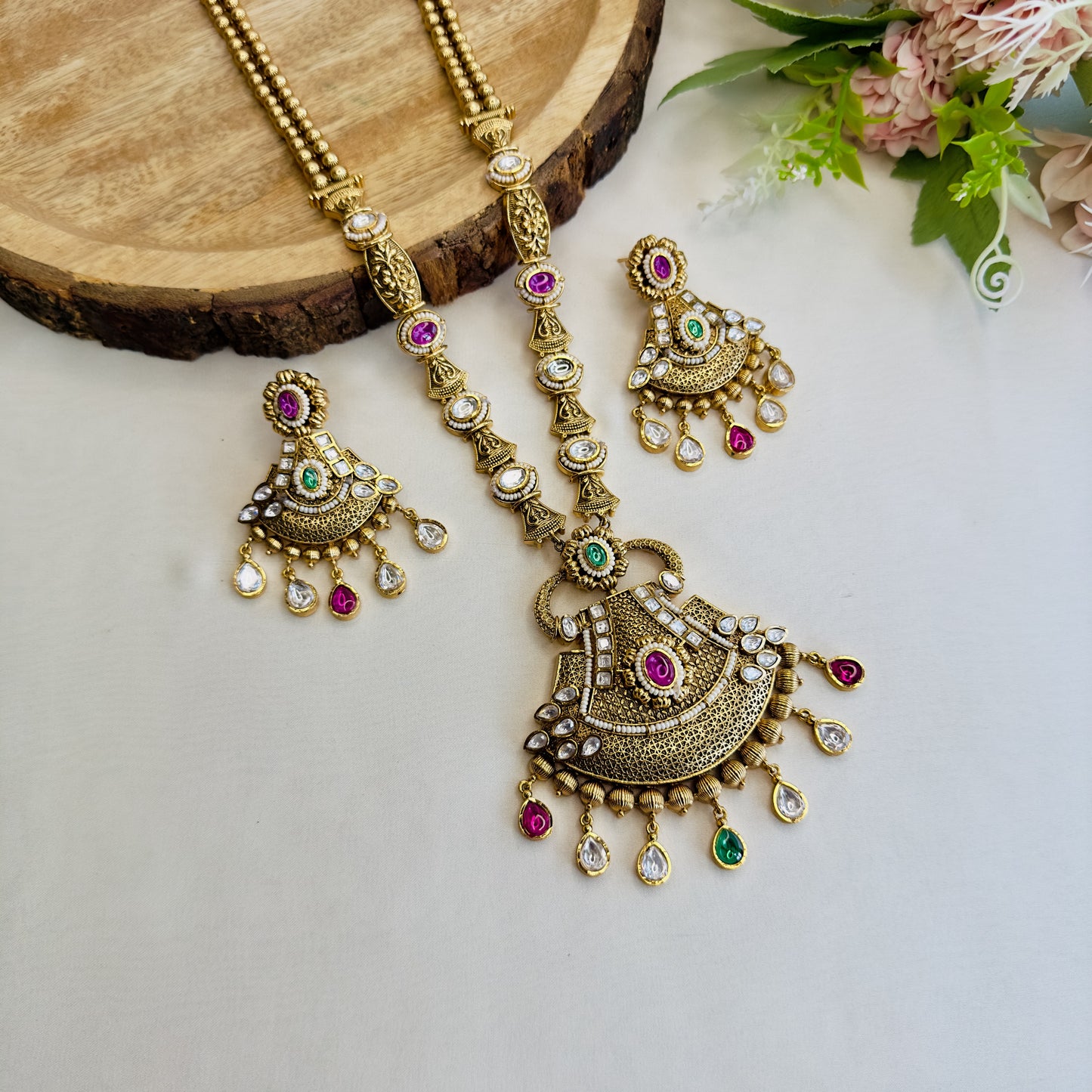 Multicolor Long Rajwadi Necklace Set