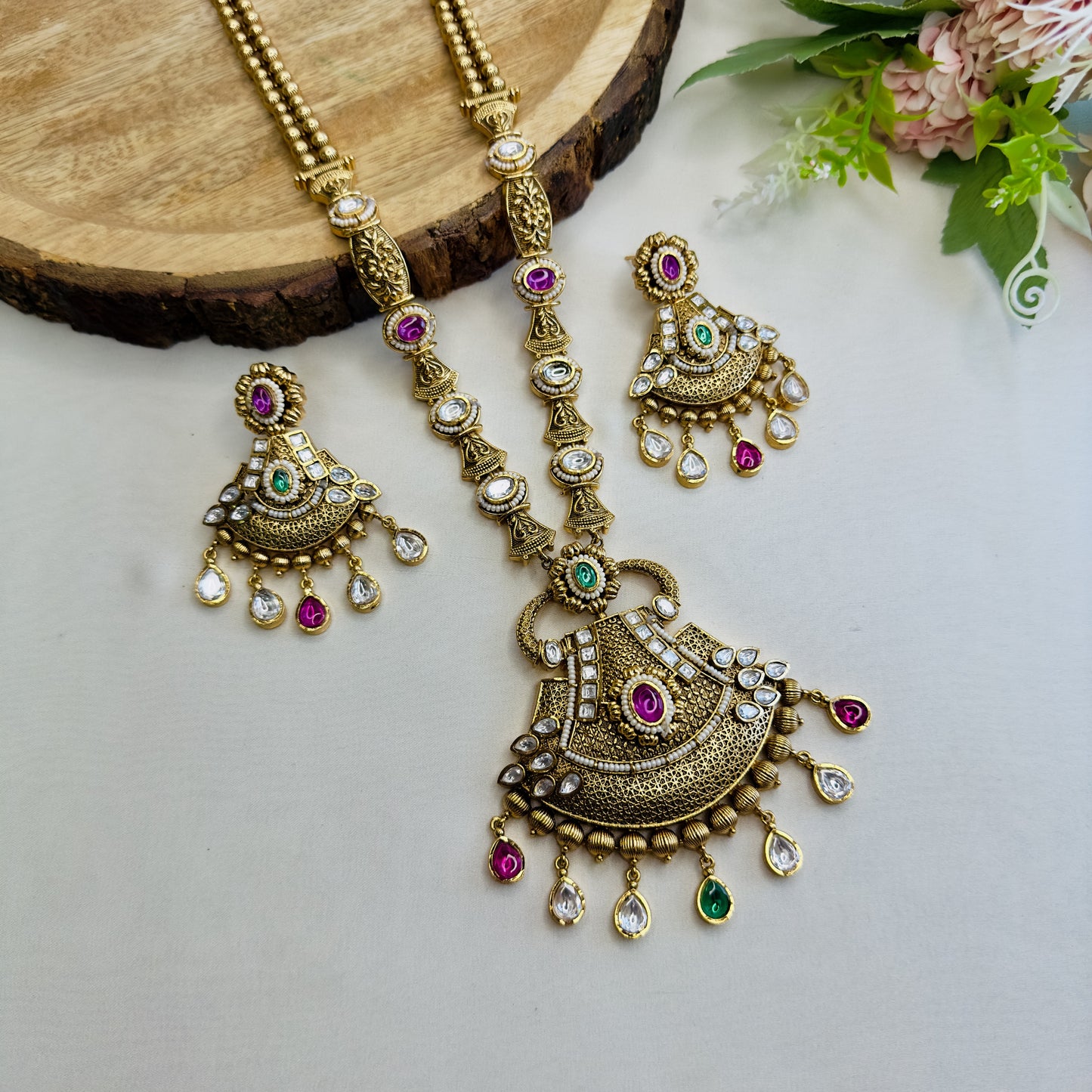 Multicolor Long Rajwadi Necklace Set