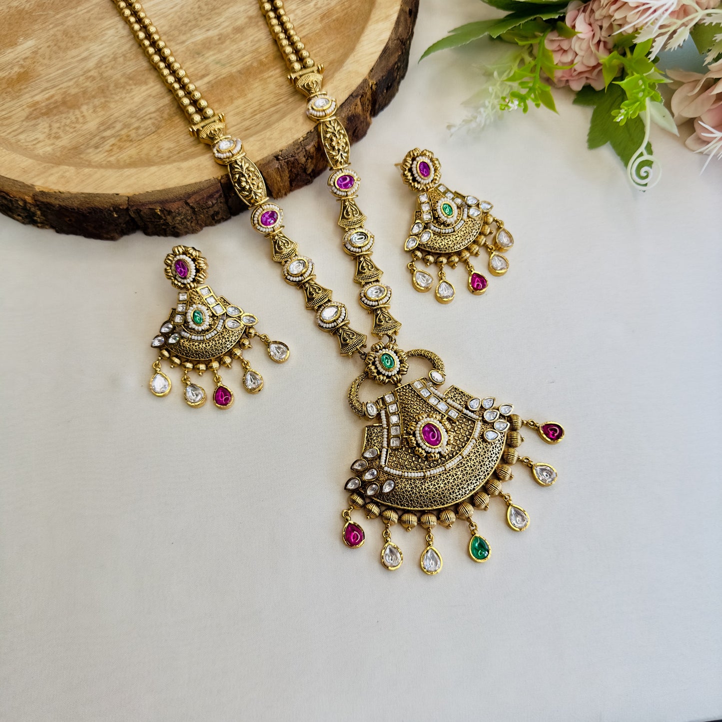 Multicolor Long Rajwadi Necklace Set