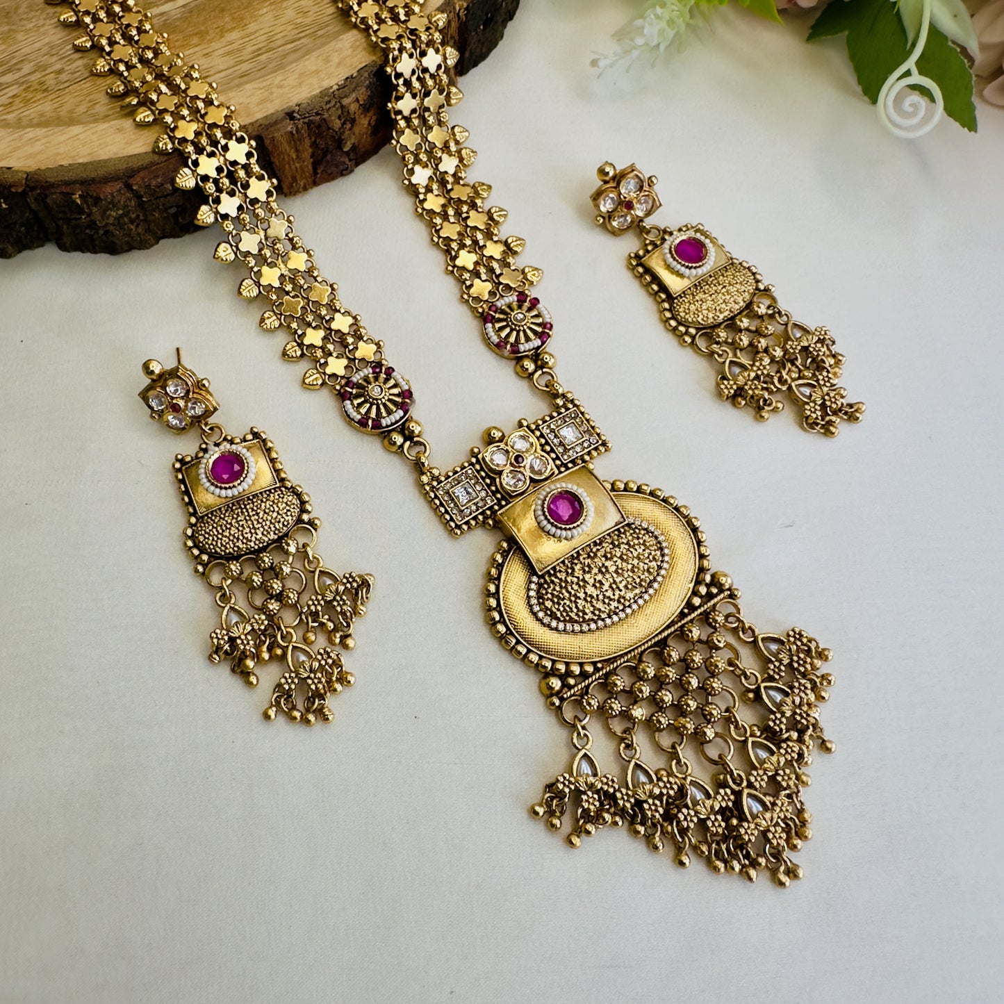 Golden Ruby Rajwadi Necklace Set