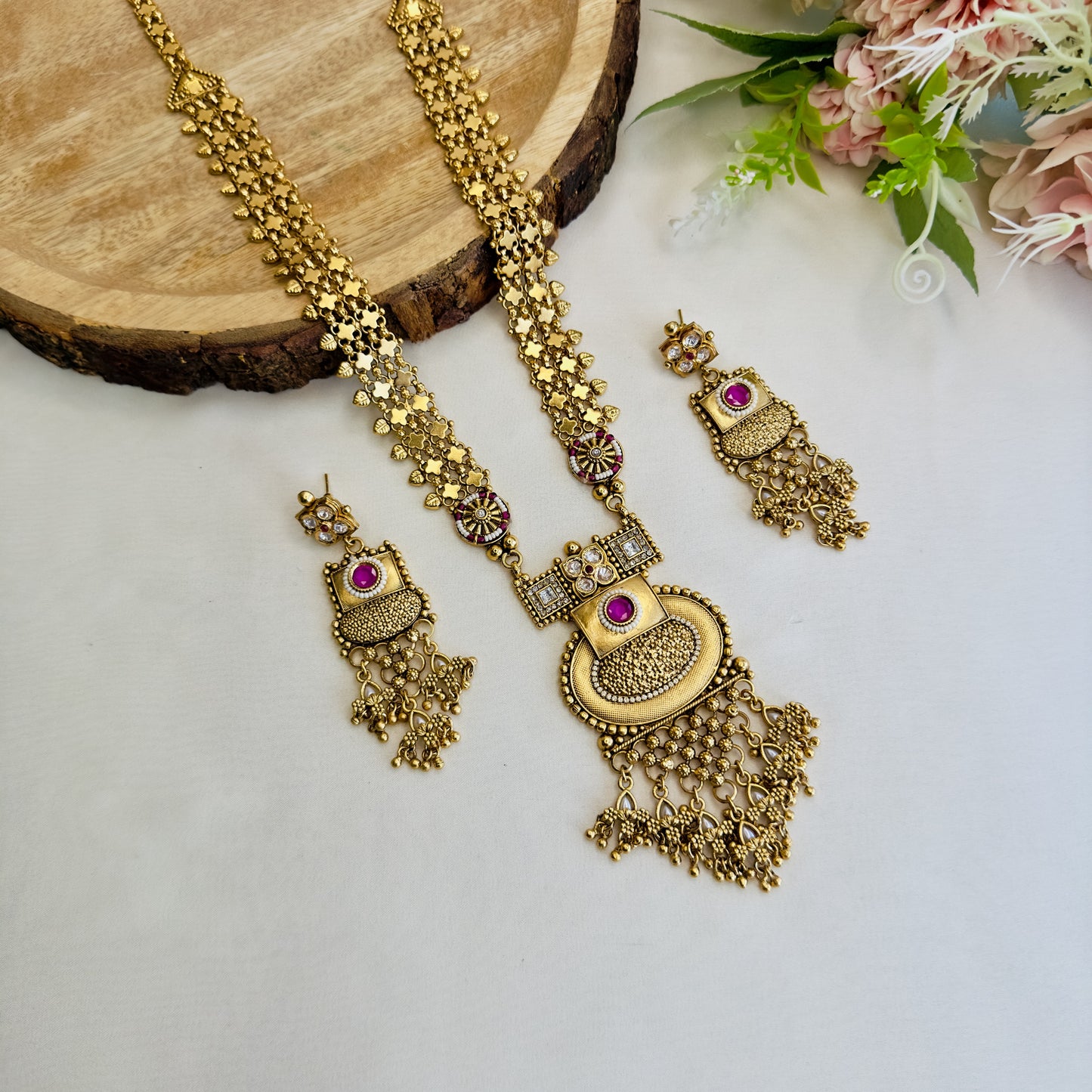 Golden Ruby Rajwadi Necklace Set