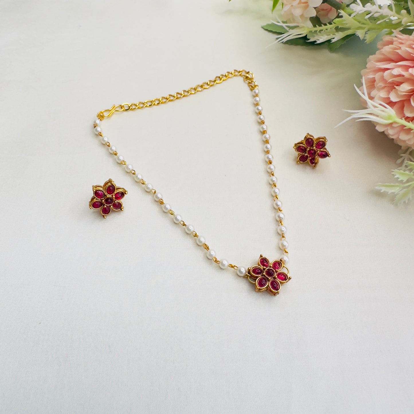 Ruby Flower pendant Set