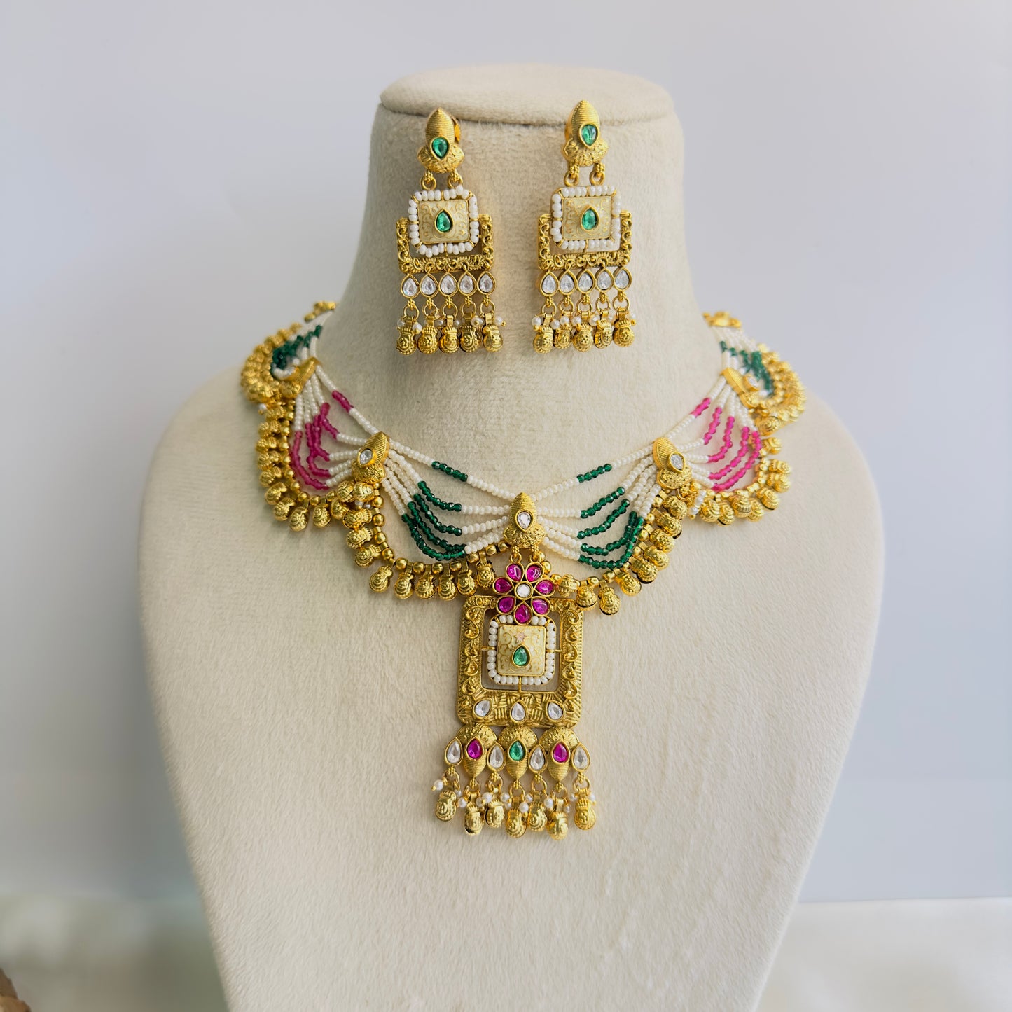 Beautiful Ruby Green Kundan Necklace Set