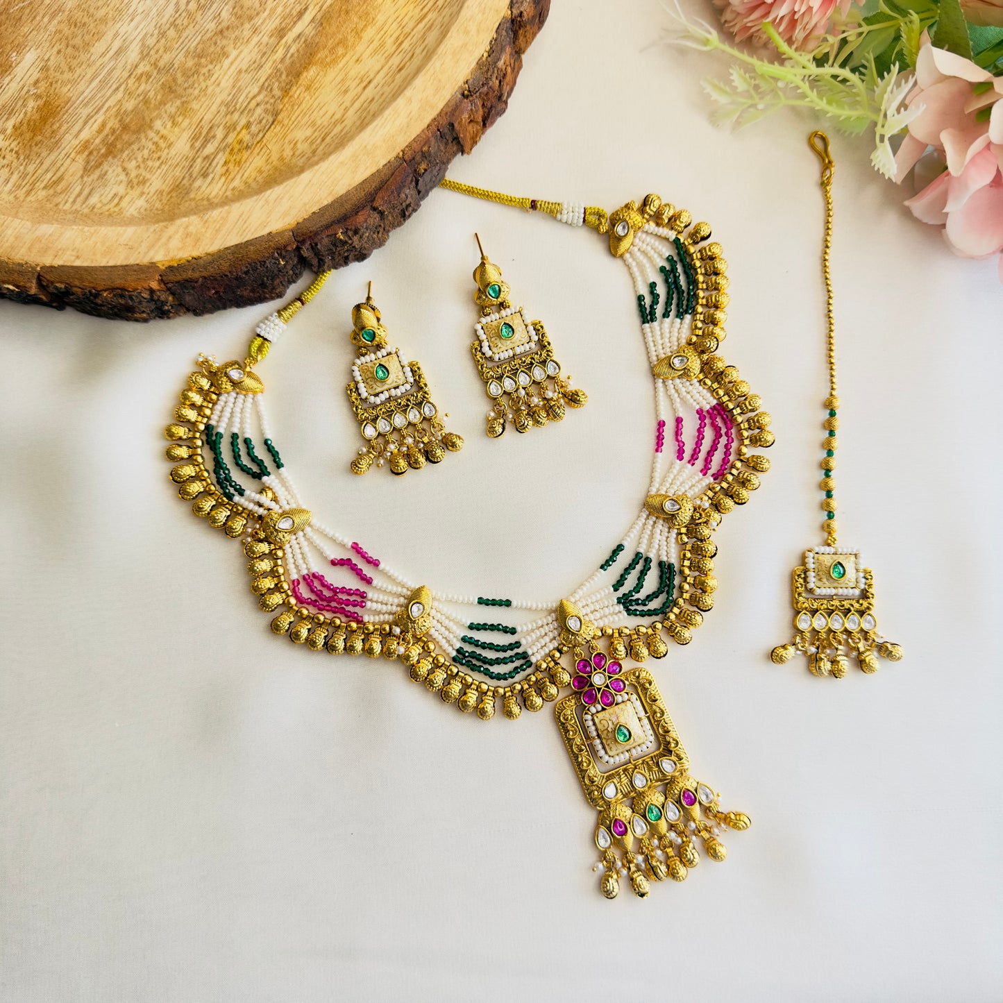 Beautiful Ruby Green Kundan Necklace Set