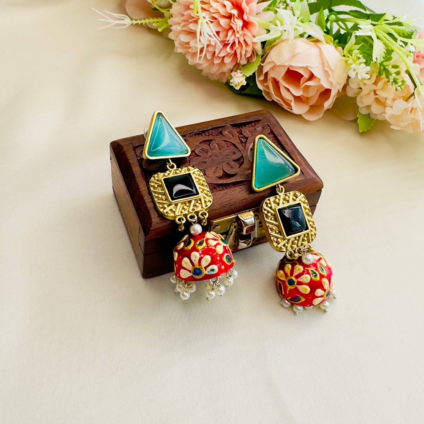 Hand Painted Golden Tone Earrings