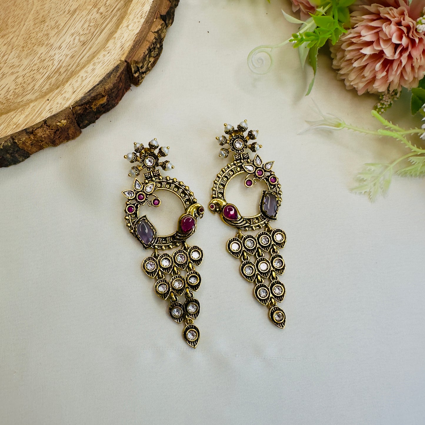 Bird Motif Antique Gold Polish Long Earrings