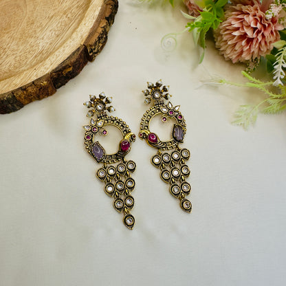 Bird Motif Antique Gold Polish Long Earrings