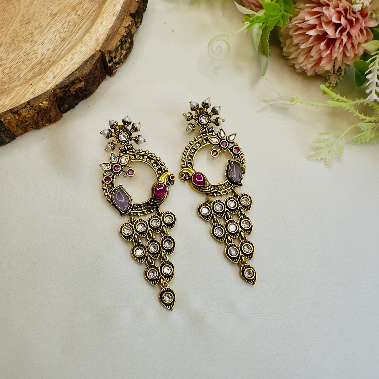 Bird Motif Antique Gold Polish Long Earrings