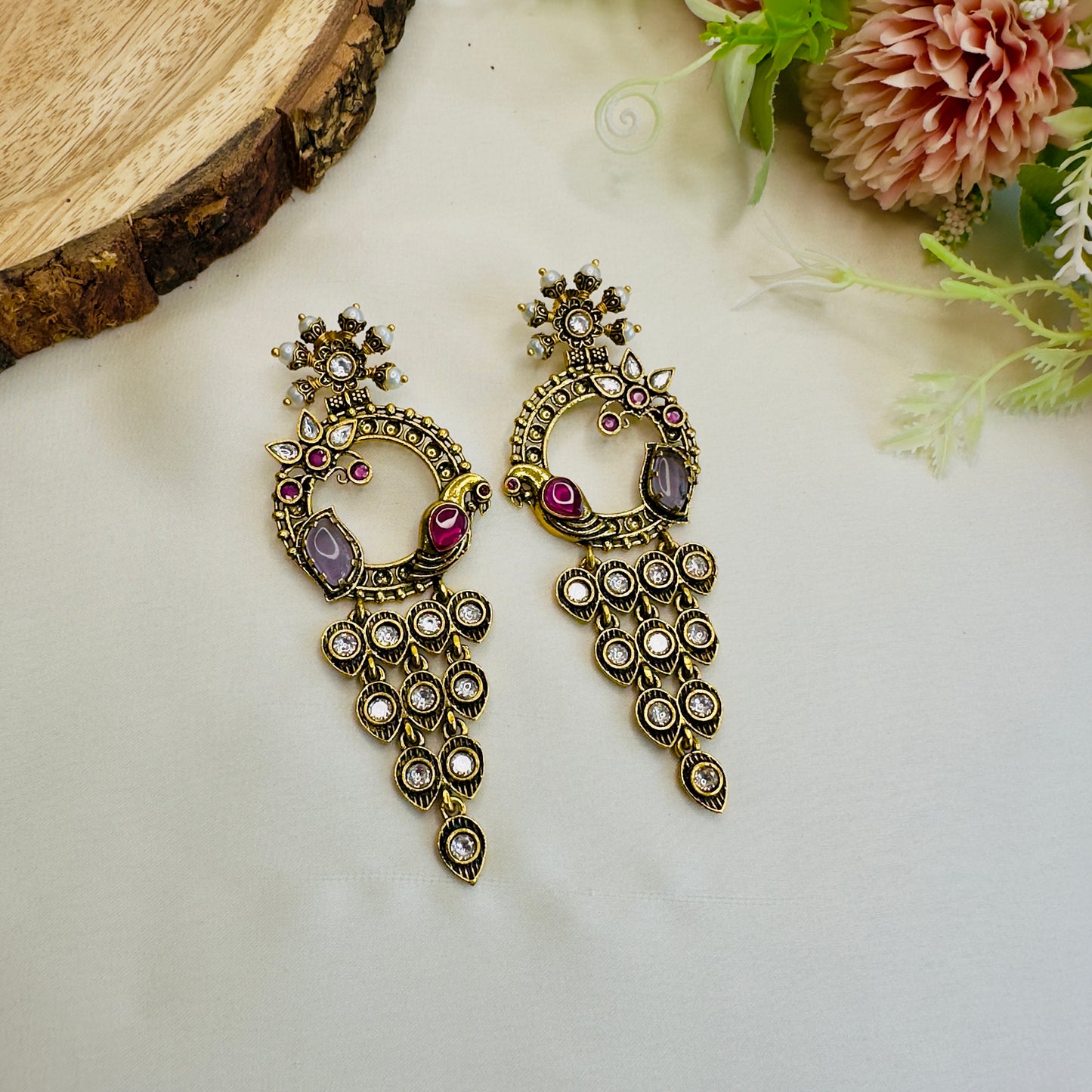 Bird Motif Antique Gold Polish Long Earrings