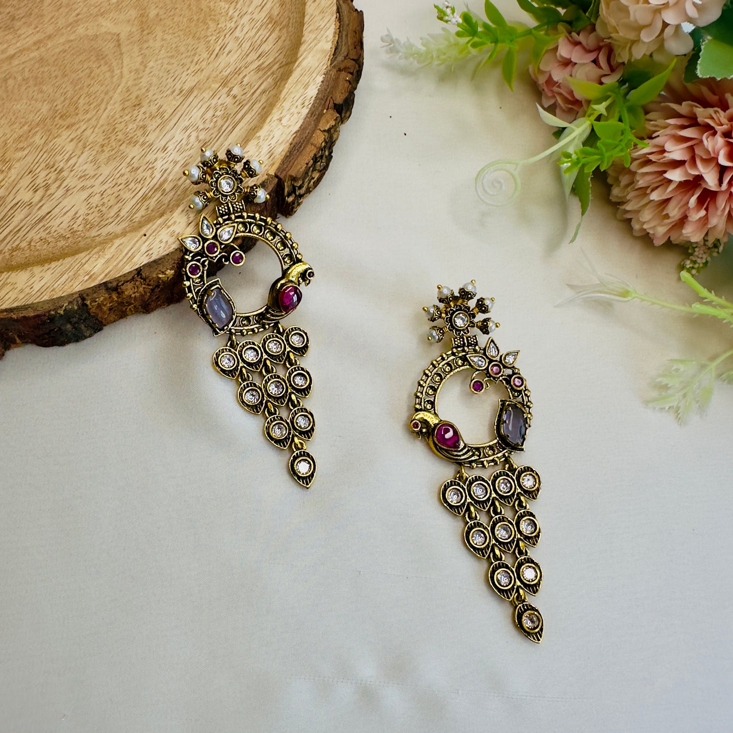 Bird Motif Antique Gold Polish Long Earrings