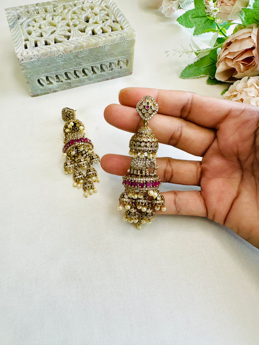 3D Elephant motif AD Atique Polish Long Jhumka Earrings
