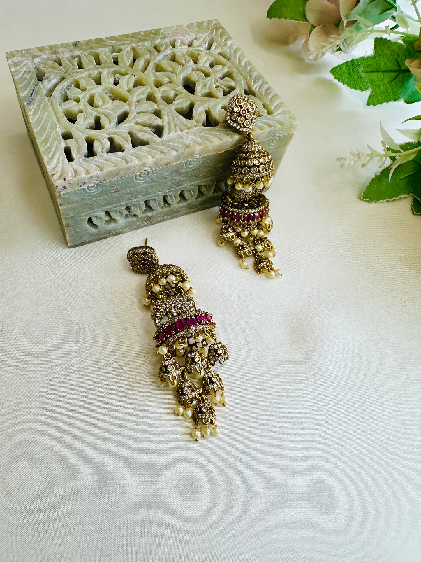 3D Elephant motif AD Atique Polish Long Jhumka Earrings