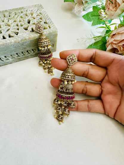 3D Elephant motif AD Atique Polish Long Jhumka Earrings