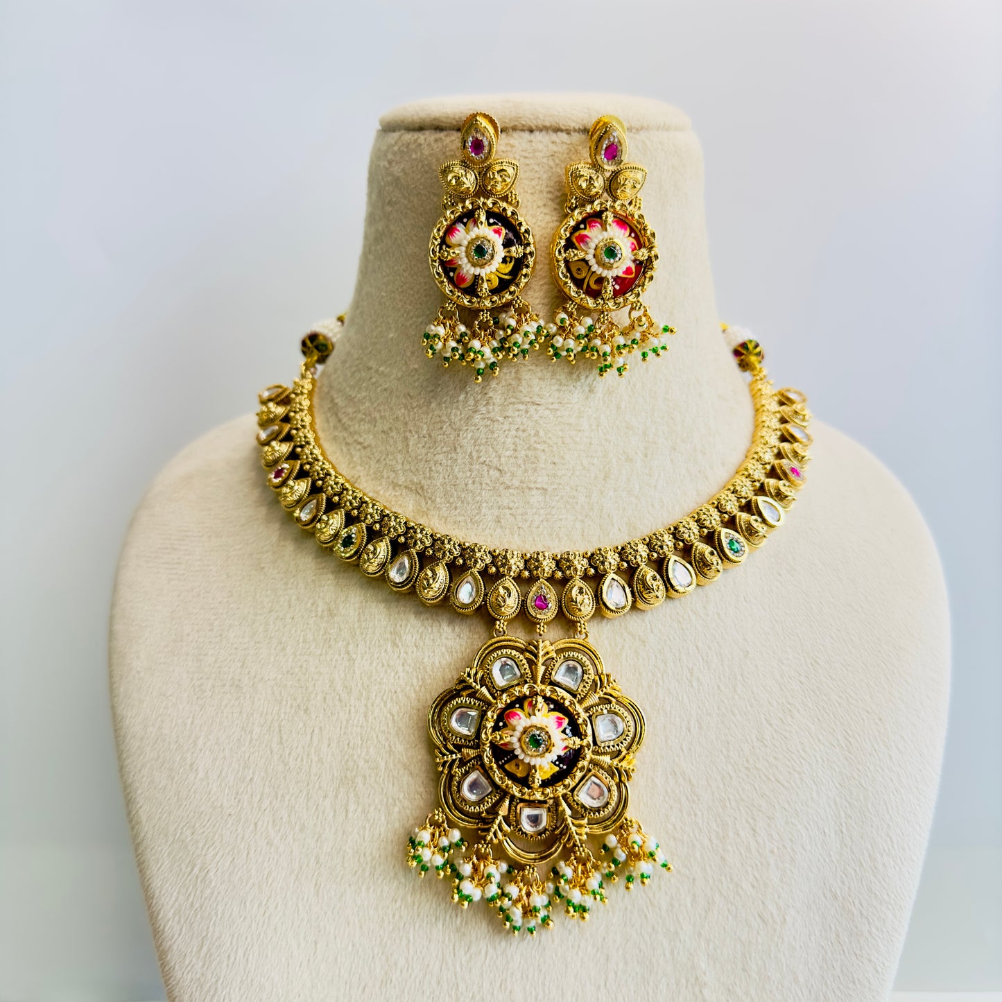 Flower Meenakari Pendant Necklace Set