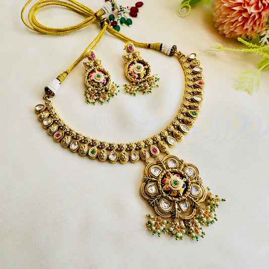 Flower Meenakari Pendant Necklace Set