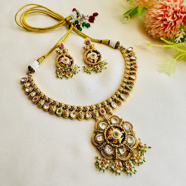 Flower Meenakari Pendant Necklace Set