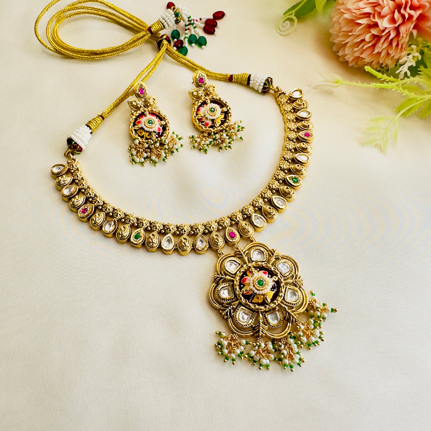 Flower Meenakari Pendant Necklace Set