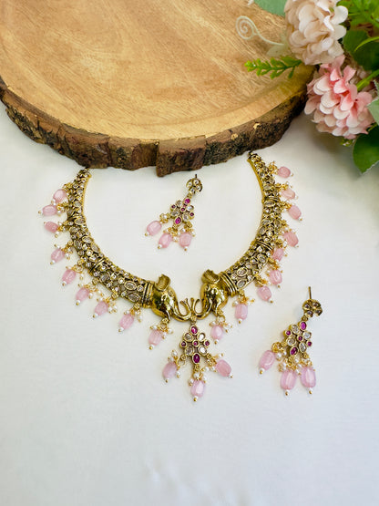 Pink Beads Elephant Motif Hasli Set