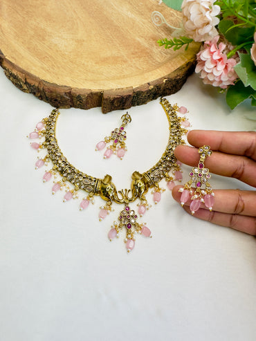 Pink Beads Elephant Motif Hasli Set