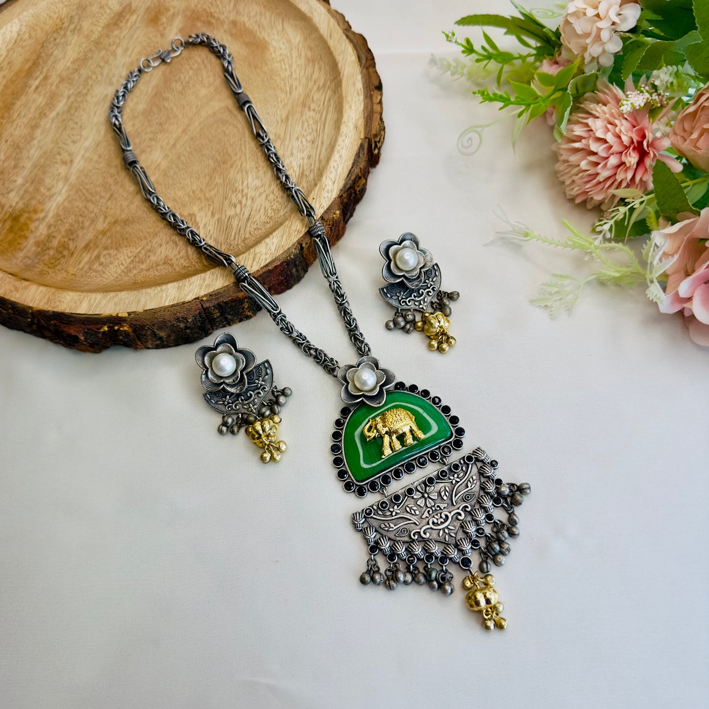 Green Long chain Pendant Set