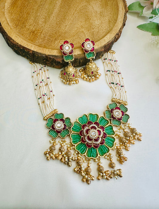 Three Flower Rajwadi Necklace Set