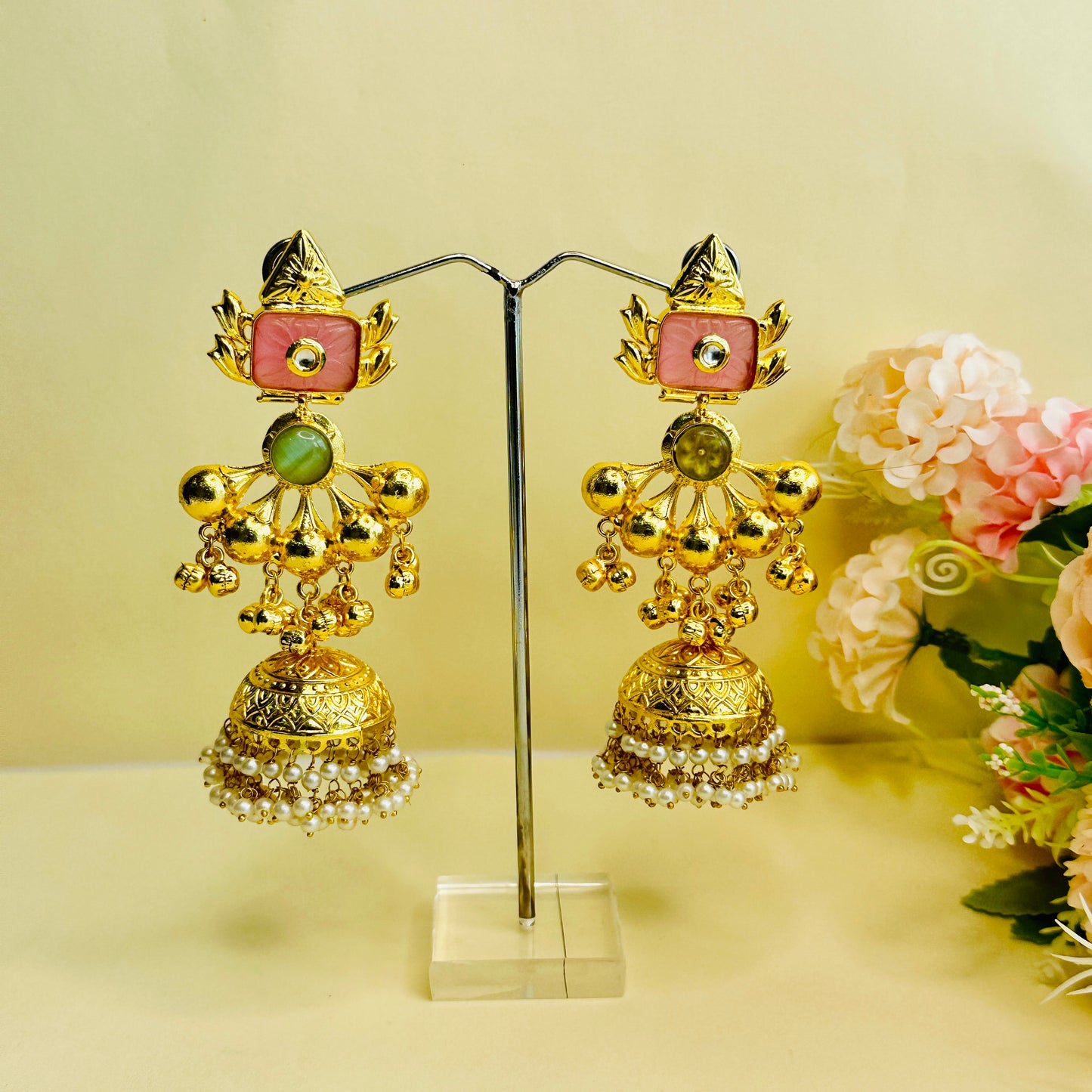 Golden Pink White Jhumka