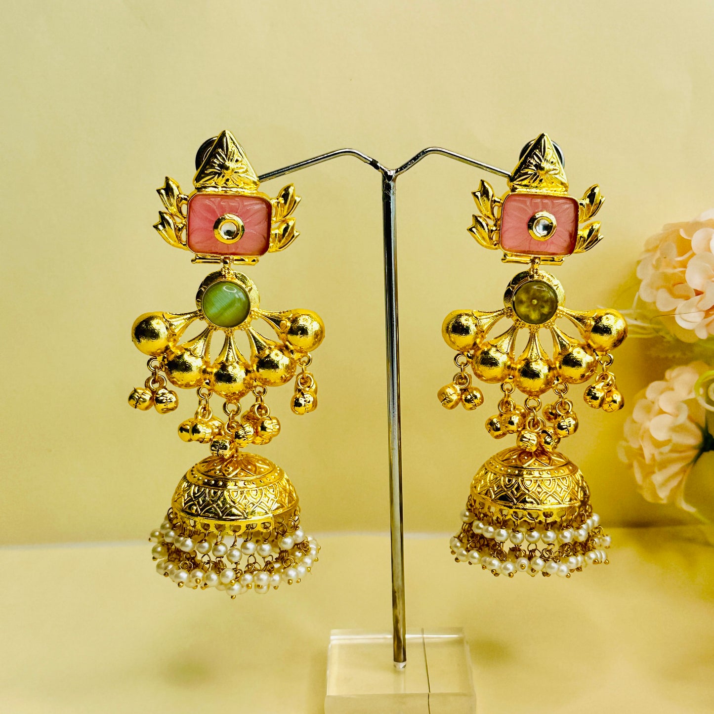 Golden Pink White Jhumka