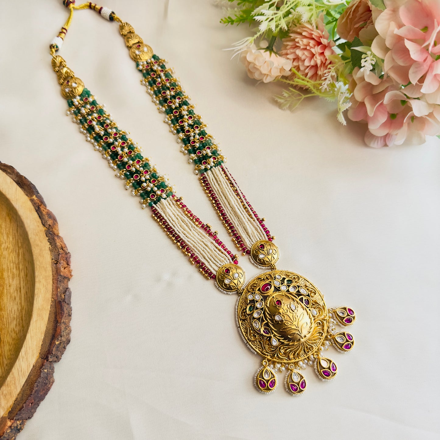 Long Green Beaded Necklace Set with Jhumki Earrings