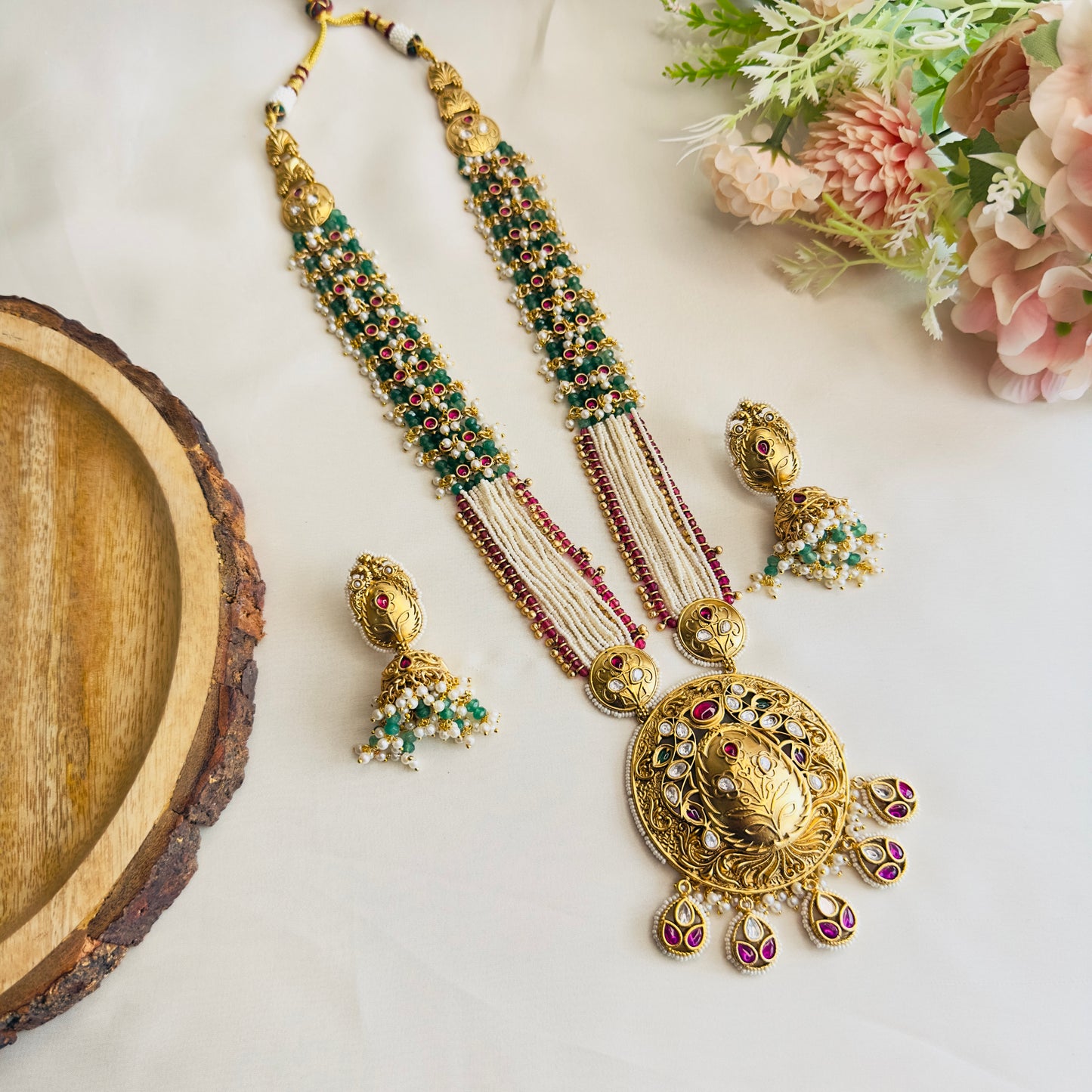 Long Green Beaded Necklace Set with Jhumki Earrings