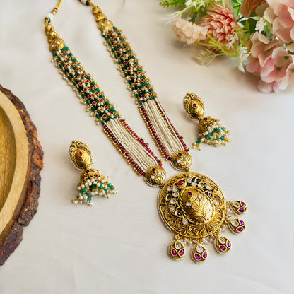 Long Green Beaded Necklace Set with Jhumki Earrings