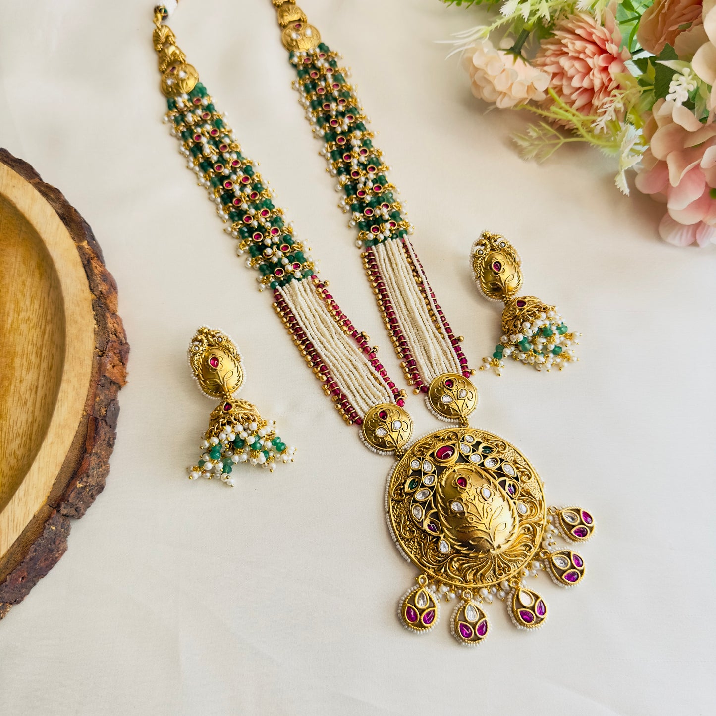 Long Green Beaded Necklace Set with Jhumki Earrings