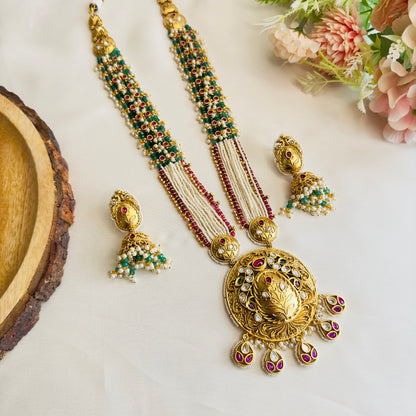 Long Green Beaded Necklace Set with Jhumki Earrings