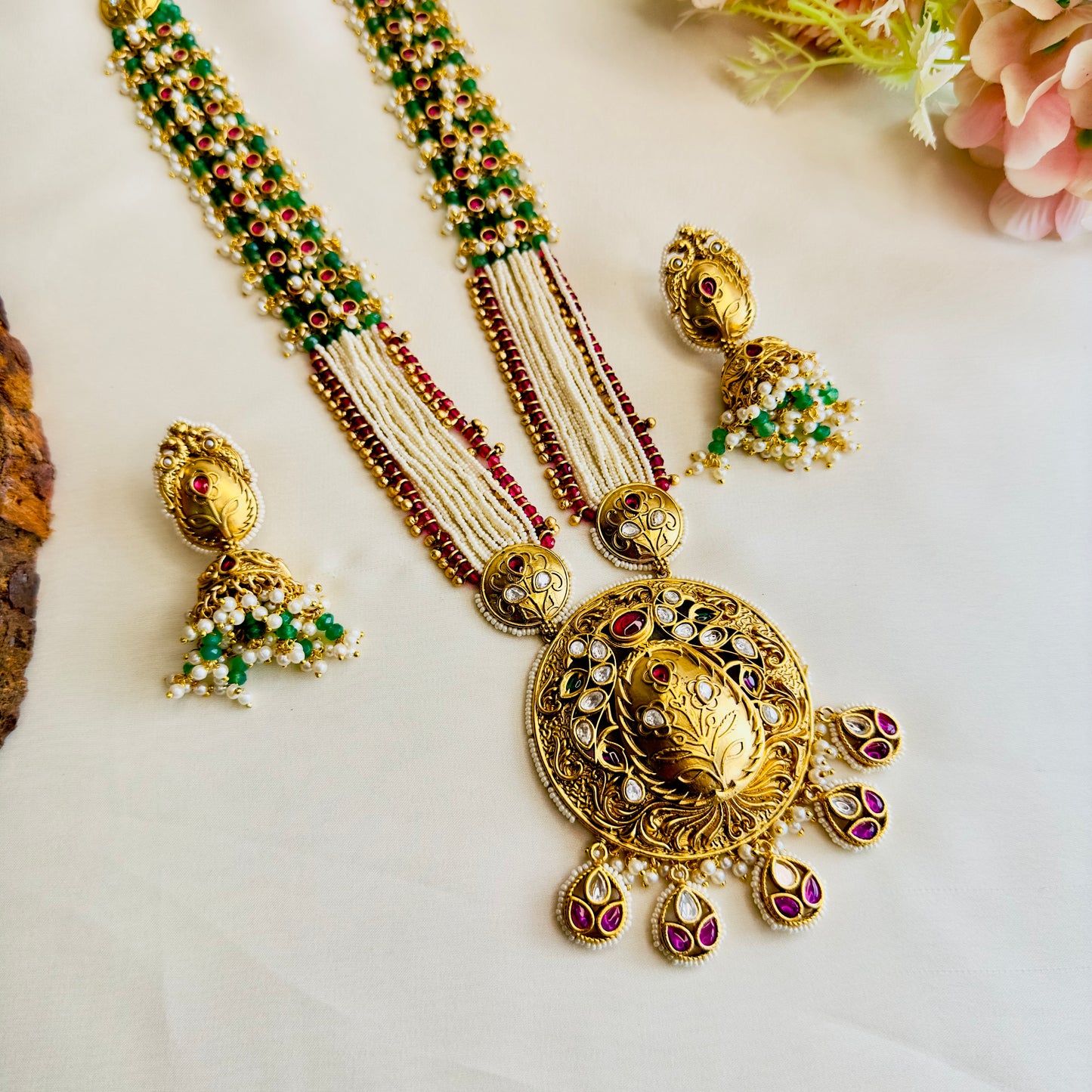 Long Green Beaded Necklace Set with Jhumki Earrings