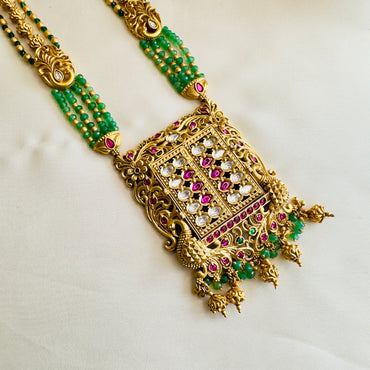 Long Pachi Kundan Green Beads Necklace Set